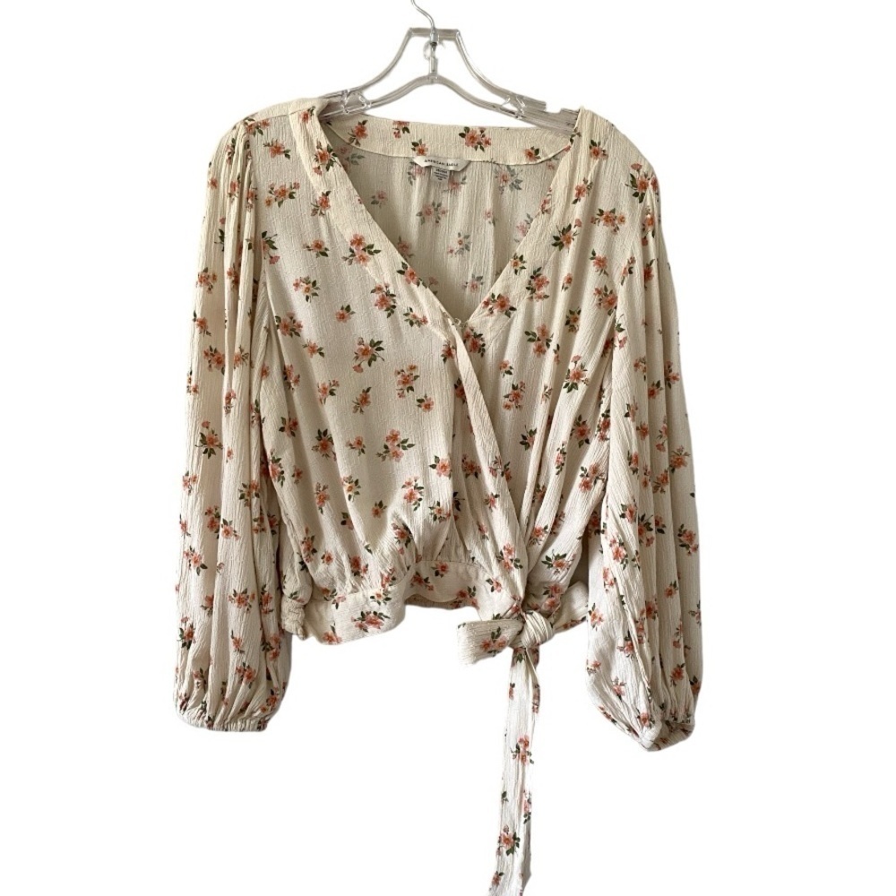 American Eagle Outfitters Cropped Floral Print Balloon Sleeve V-Neck Blouse